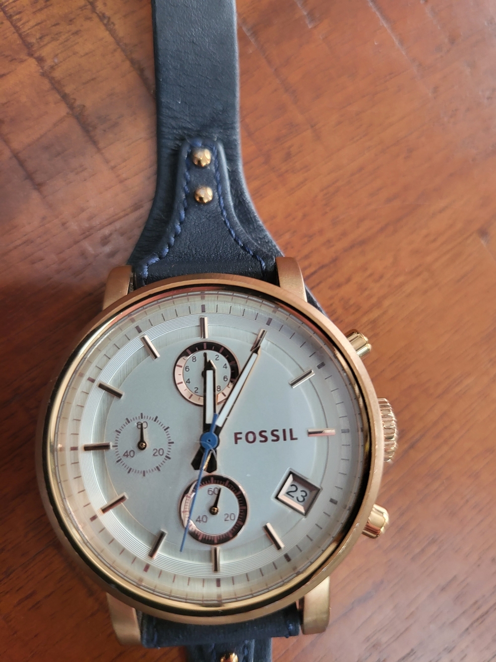 Fossil Rose Gold Case Blue Leather Strap Women's Chronograph